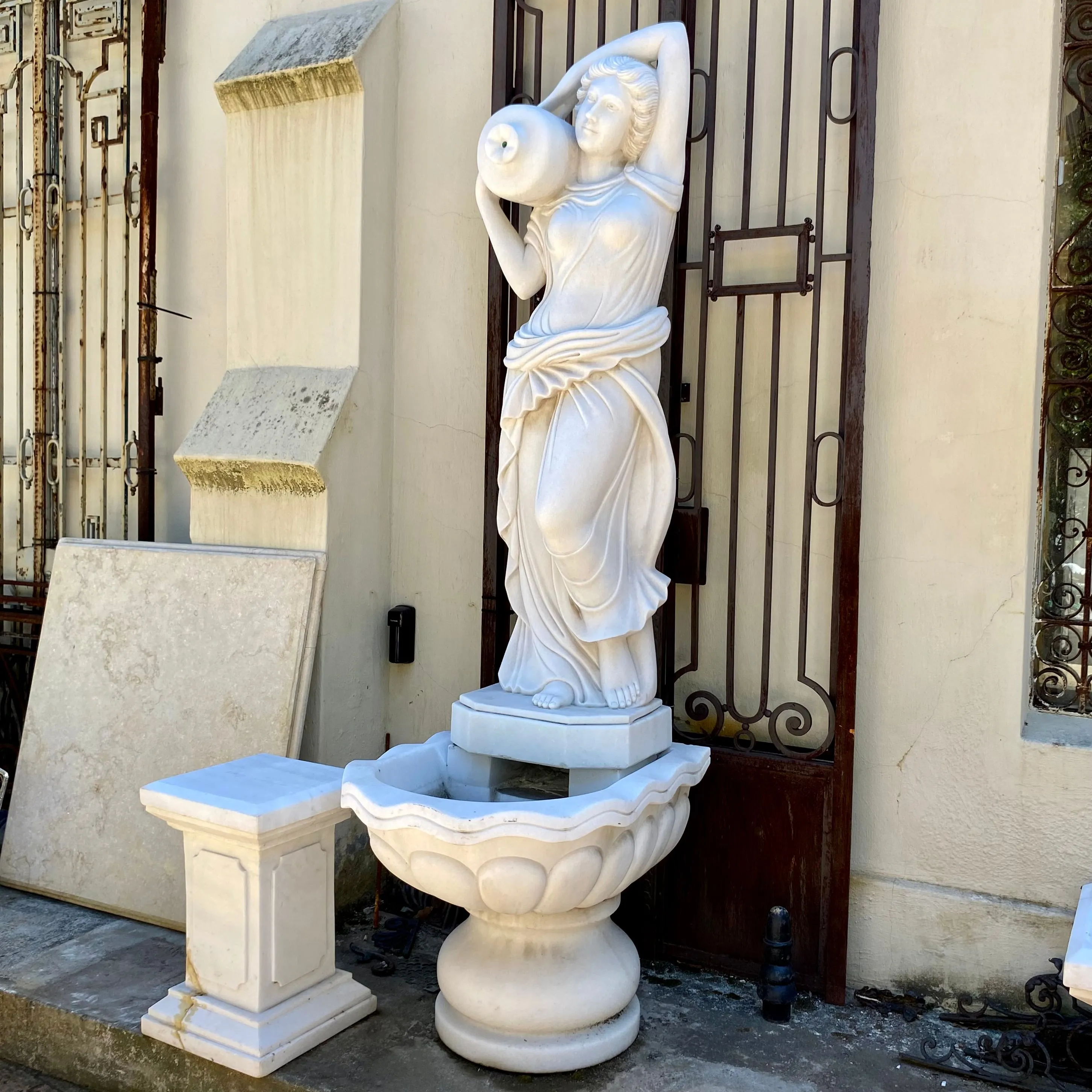 Stunning White Marble Fountain - Lady with Water Jug