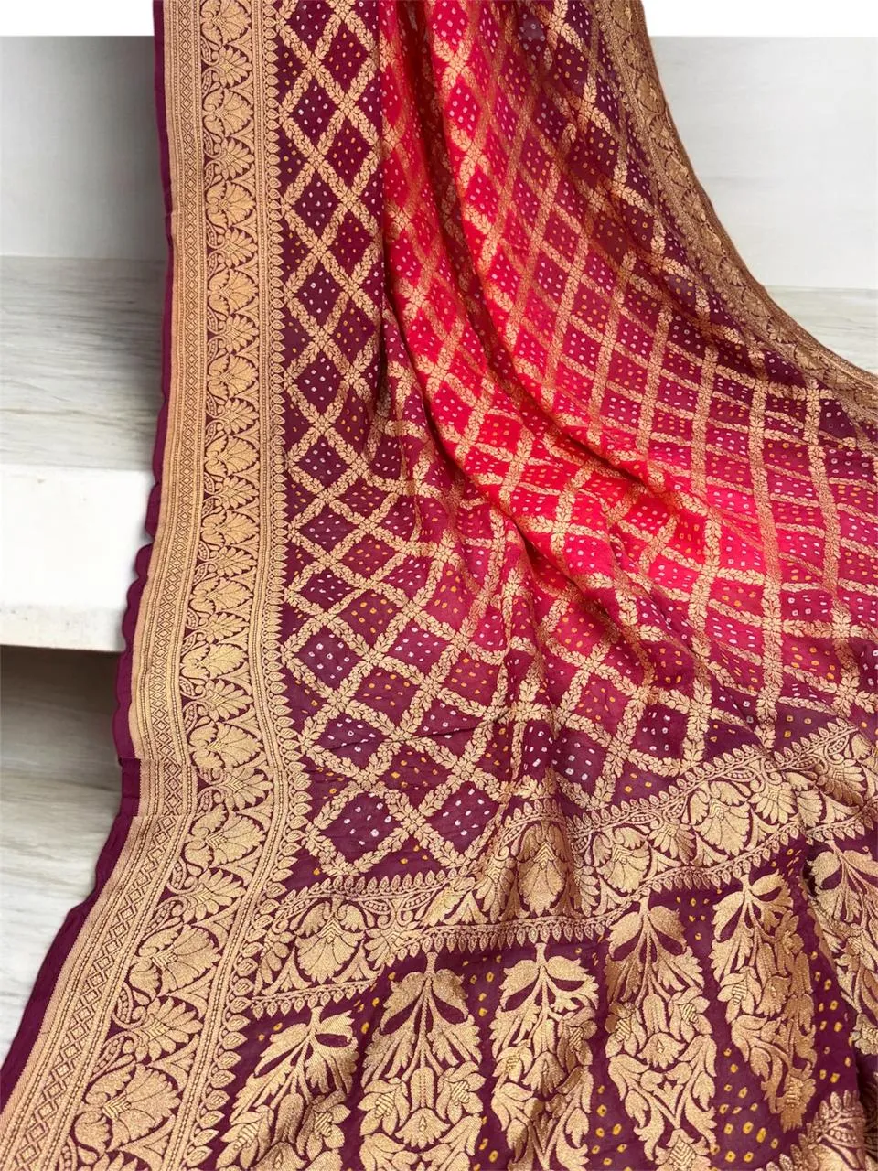 Stunning Wine and Pink Bandhani Dupatta