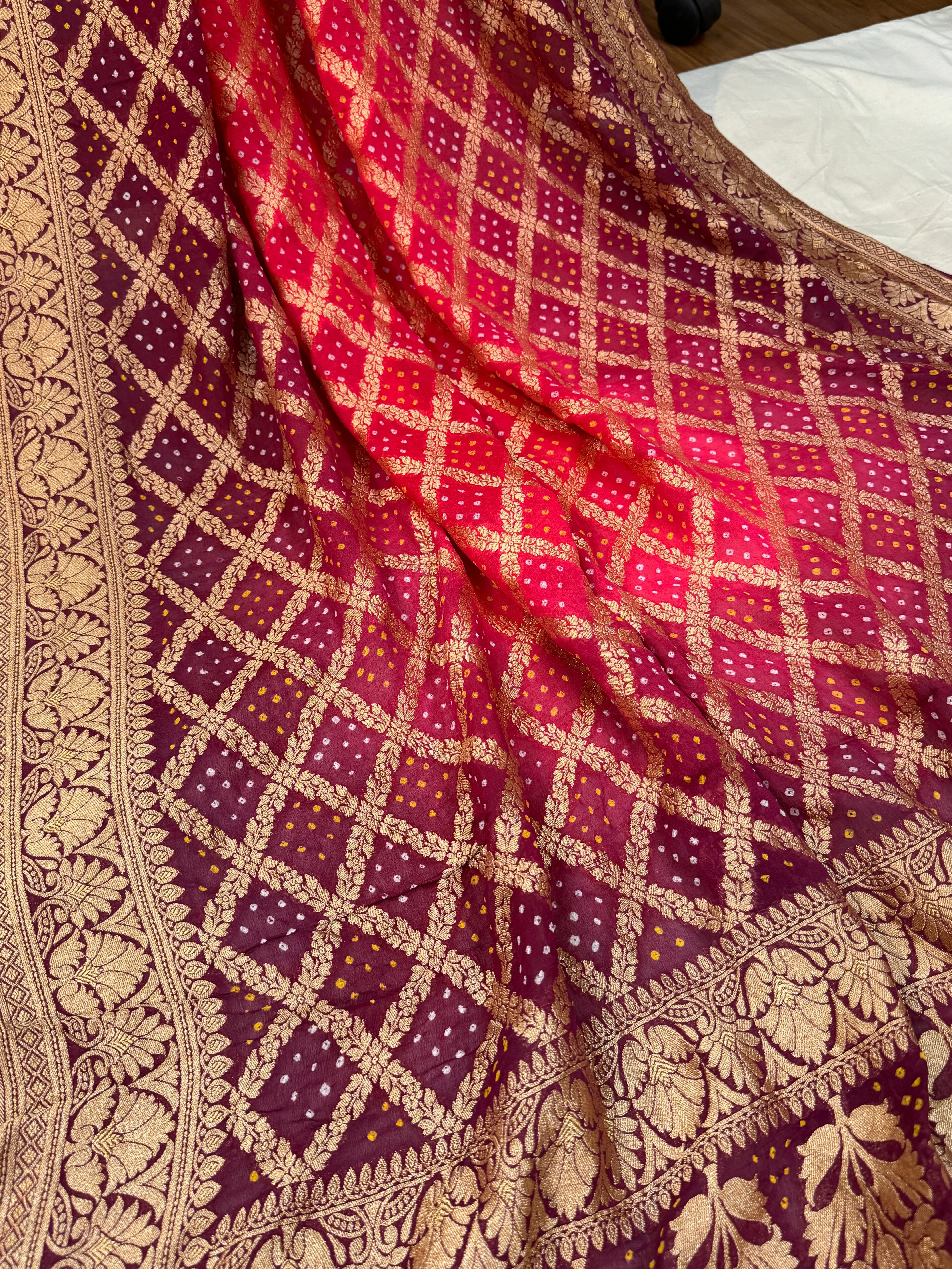 Stunning Wine and Pink Bandhani Dupatta