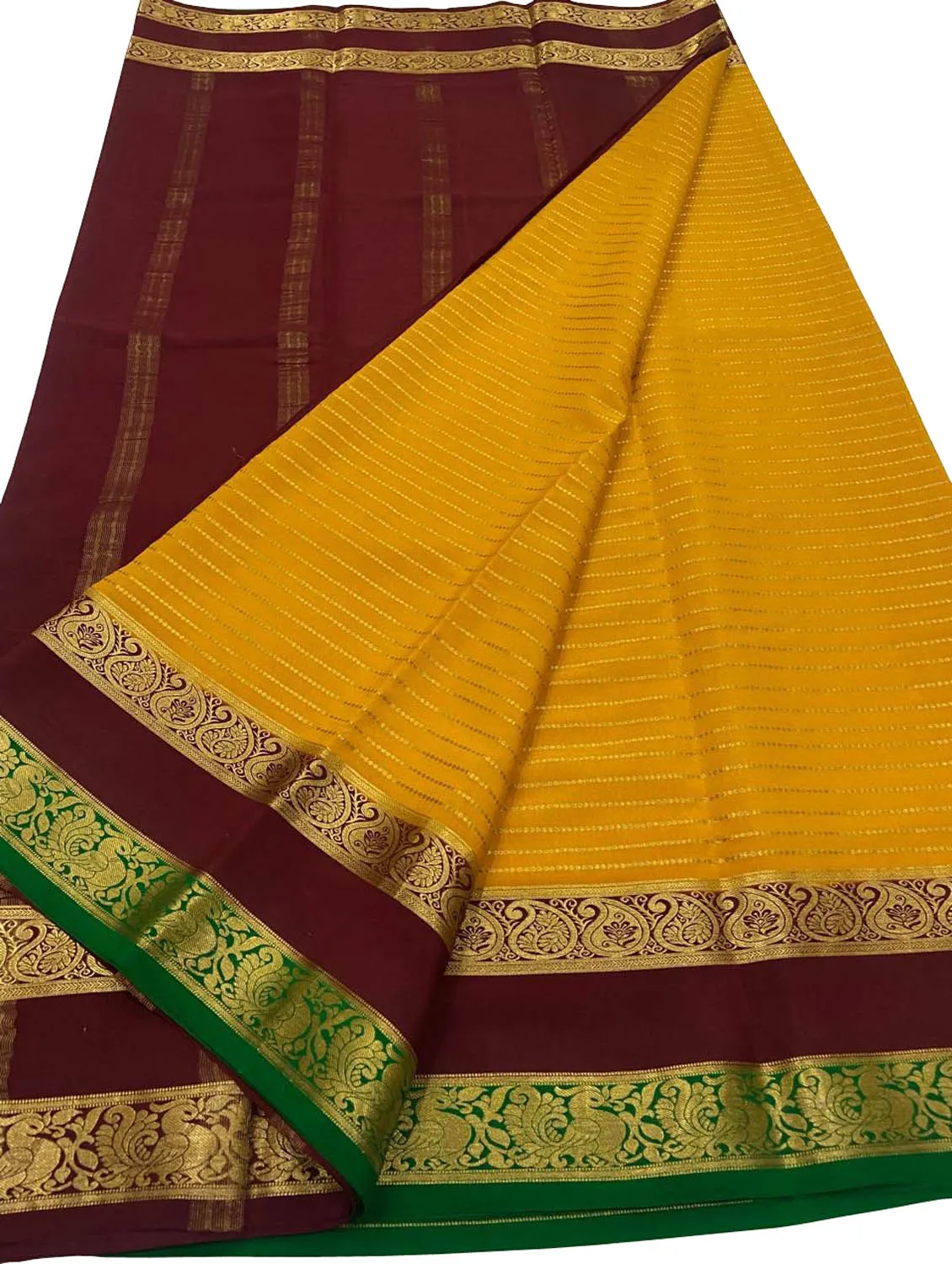 Stunning Yellow & Maroon Mysore Handloom Crepe Silk Saree