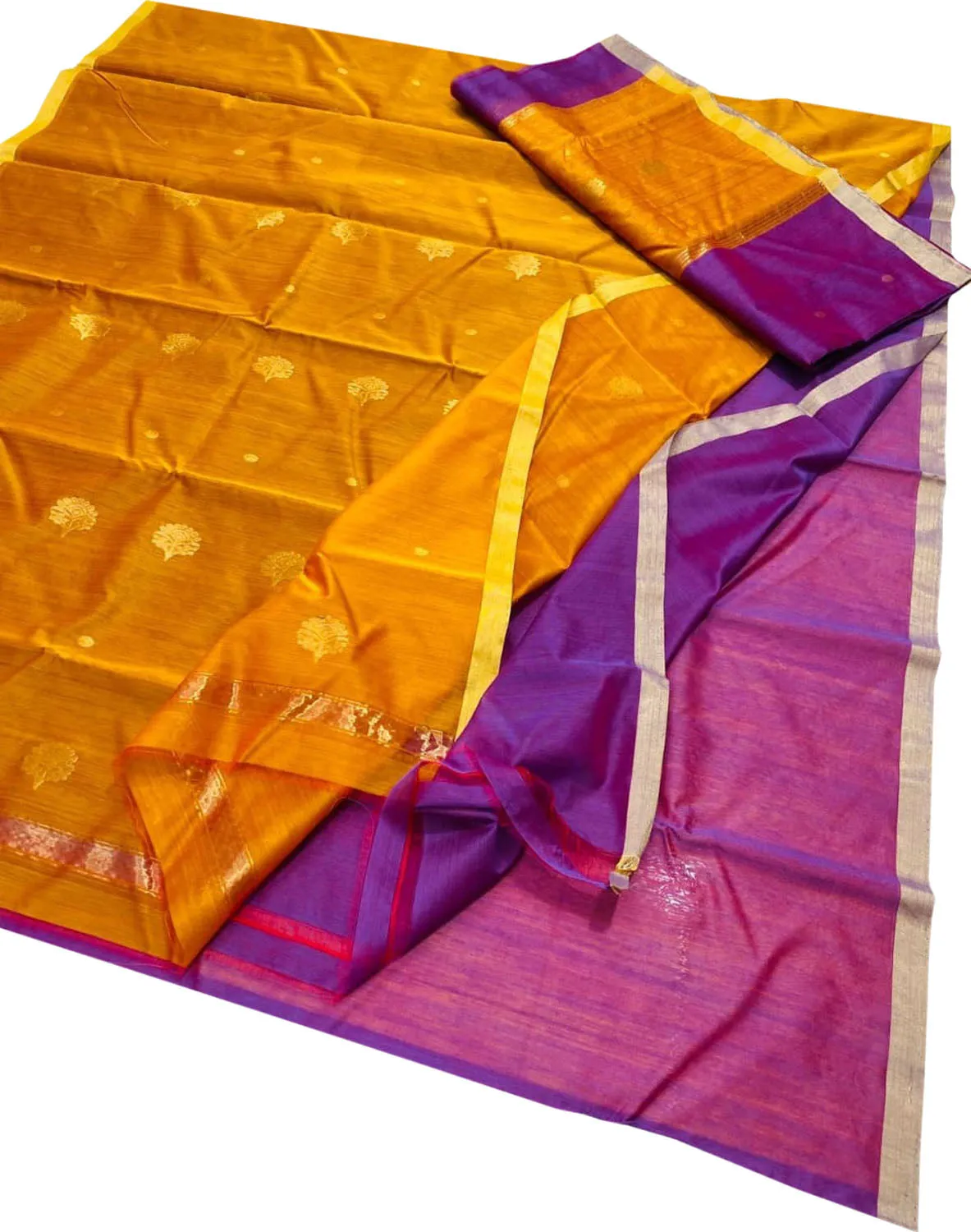 Stunning Yellow & Purple Chanderi Handloom Silk Cotton Suit Set