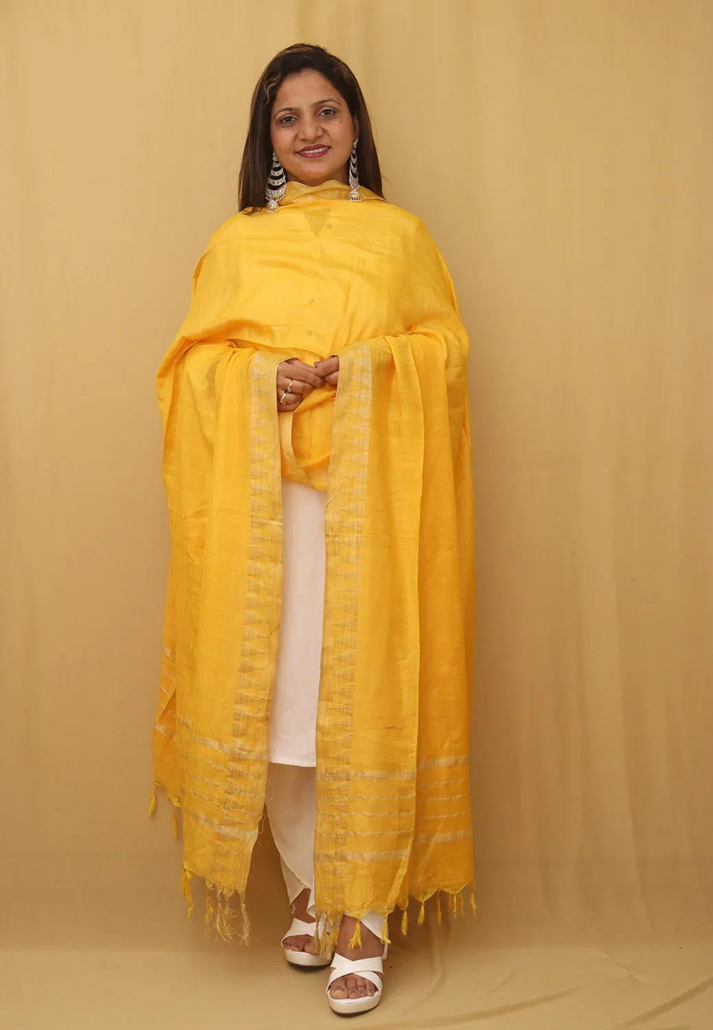 Stunning Yellow Bhagalpur Kota Cotton Dupatta with Temple Design