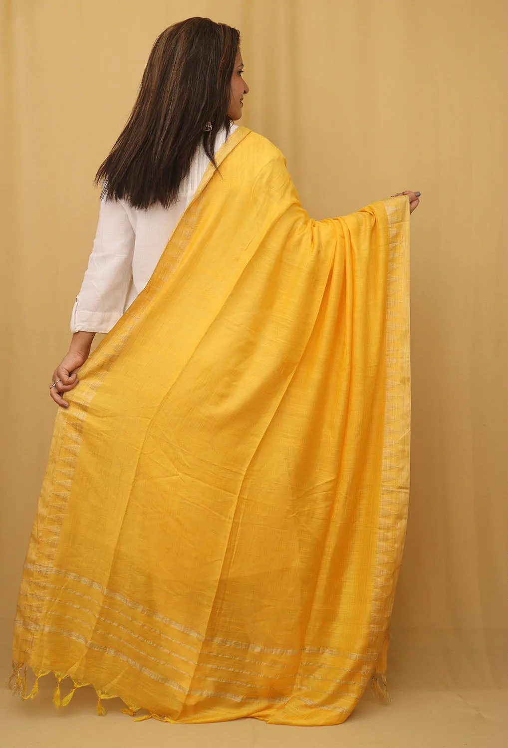 Stunning Yellow Bhagalpur Kota Cotton Dupatta with Temple Design