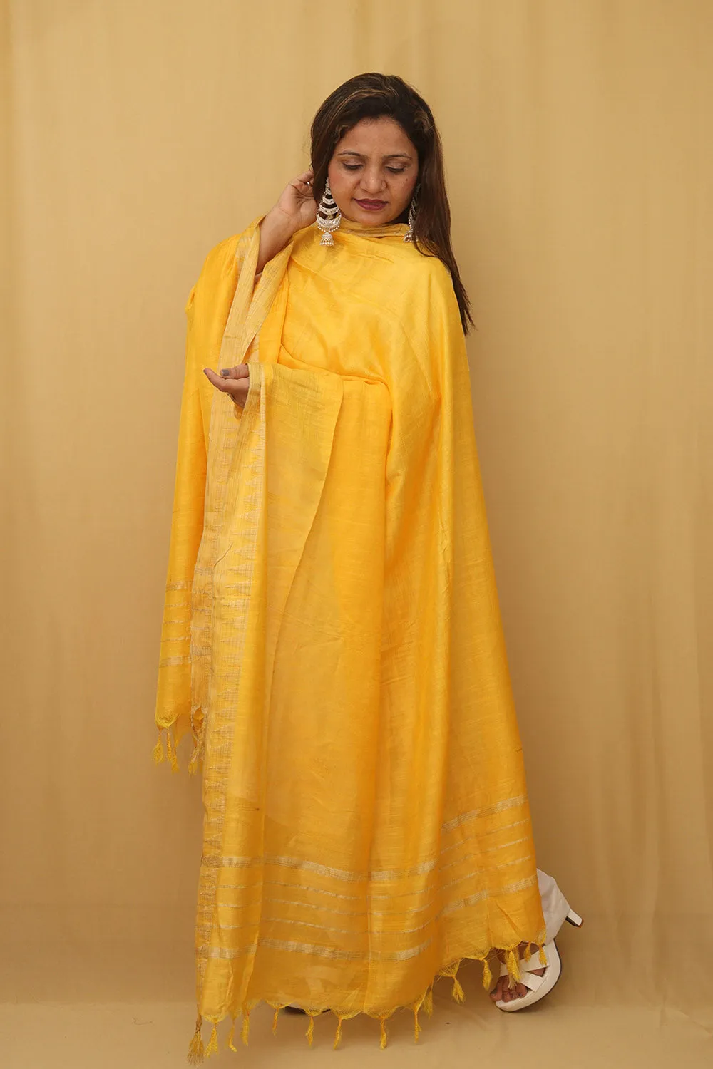 Stunning Yellow Bhagalpur Kota Cotton Dupatta with Temple Design