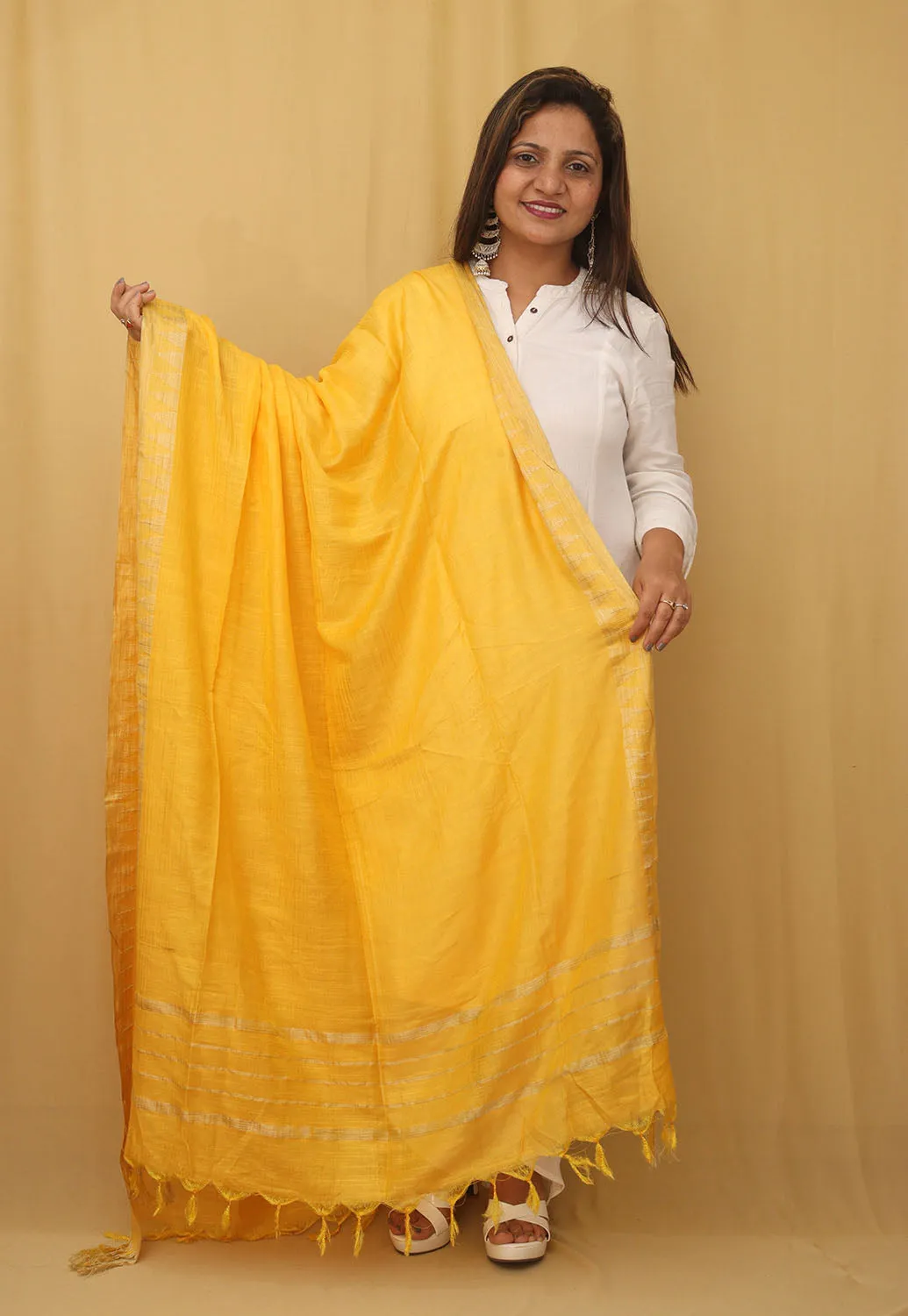 Stunning Yellow Bhagalpur Kota Cotton Dupatta with Temple Design