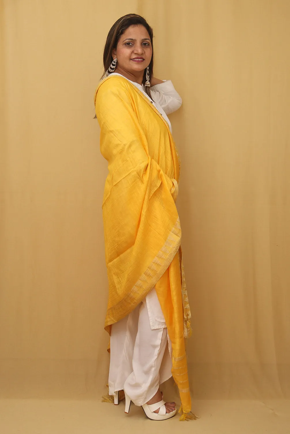 Stunning Yellow Bhagalpur Kota Cotton Dupatta with Temple Design