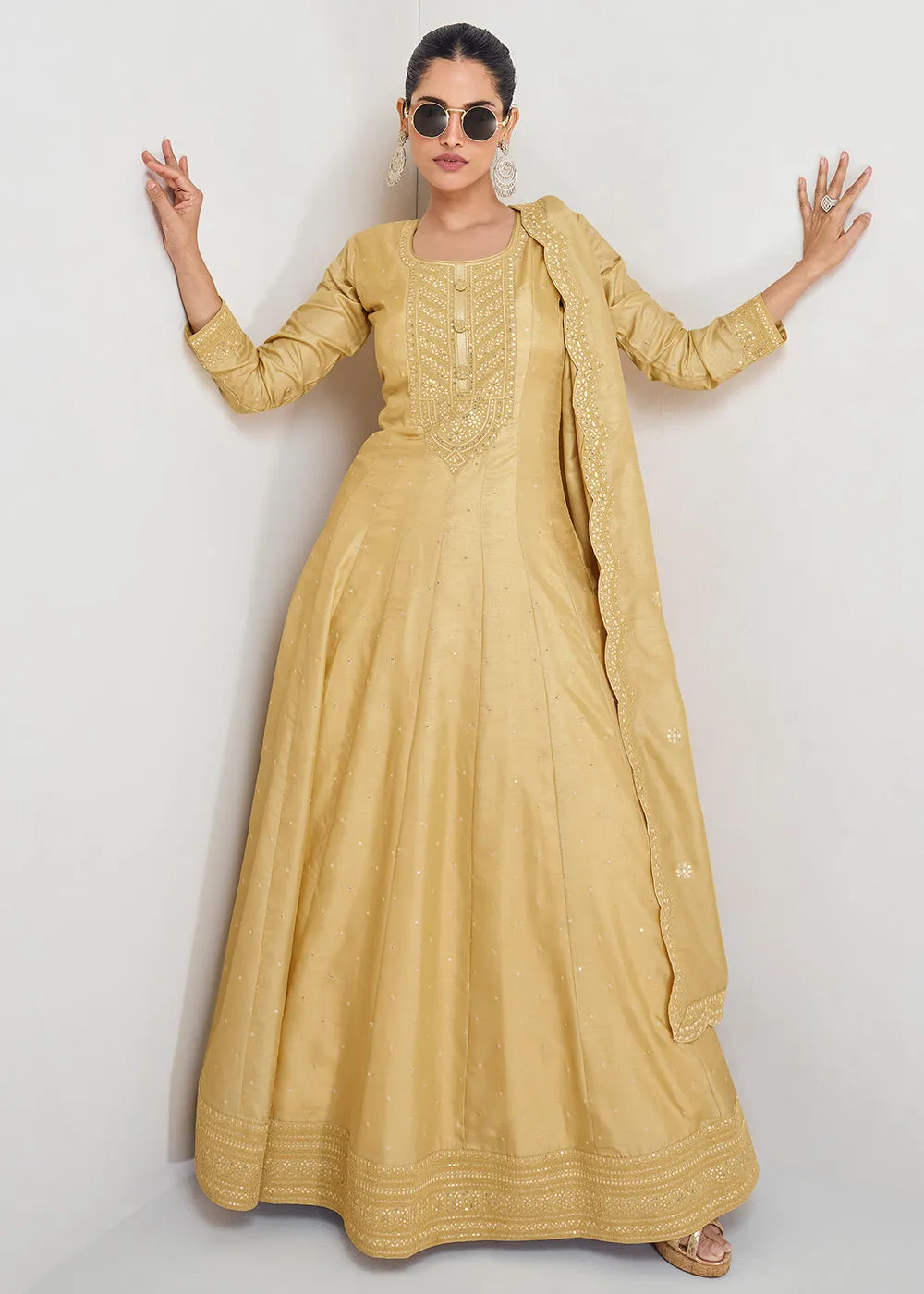 Stunning Yellow Silk Embroidered Wedding Anarkali Gown