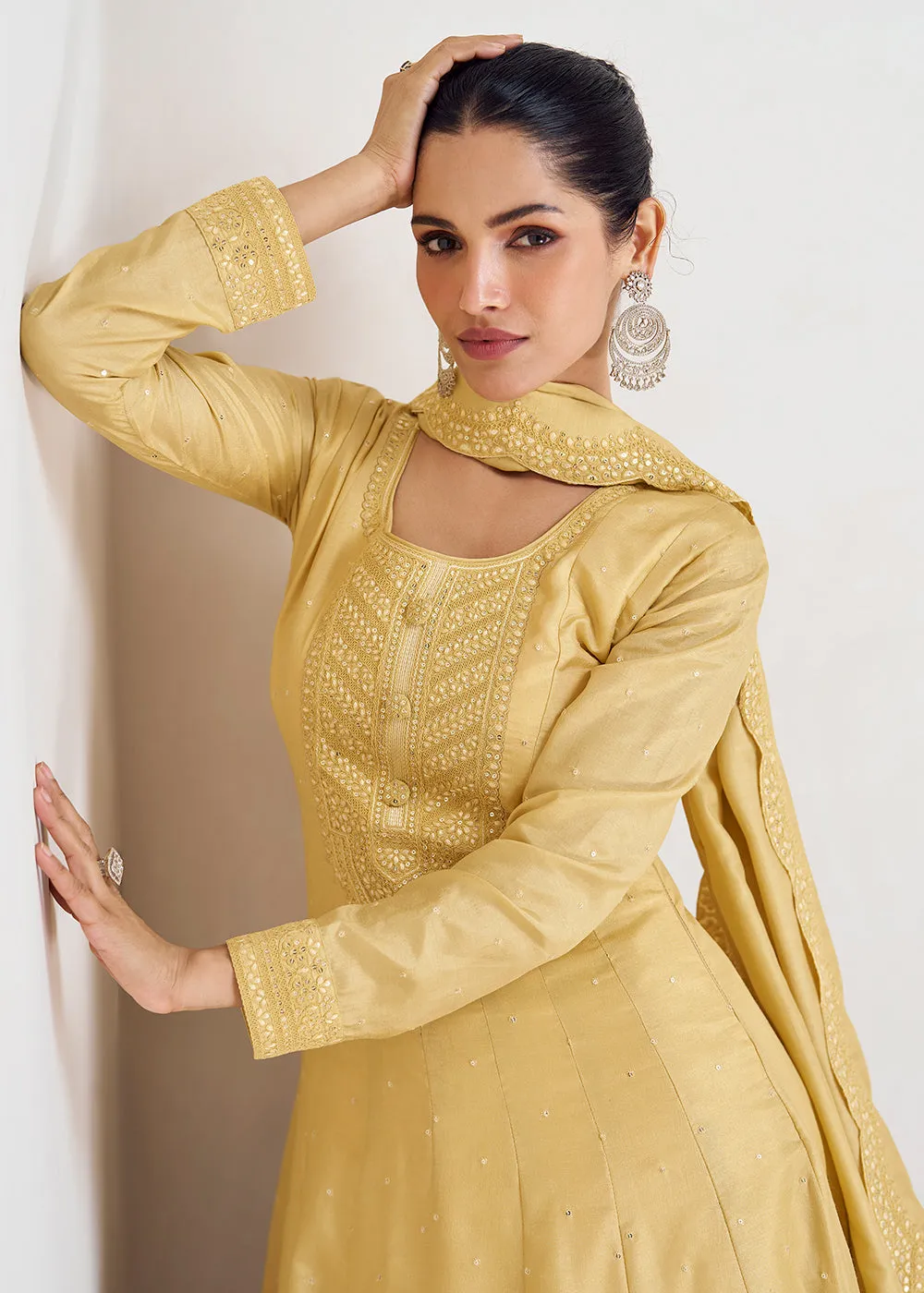 Stunning Yellow Silk Embroidered Wedding Anarkali Gown