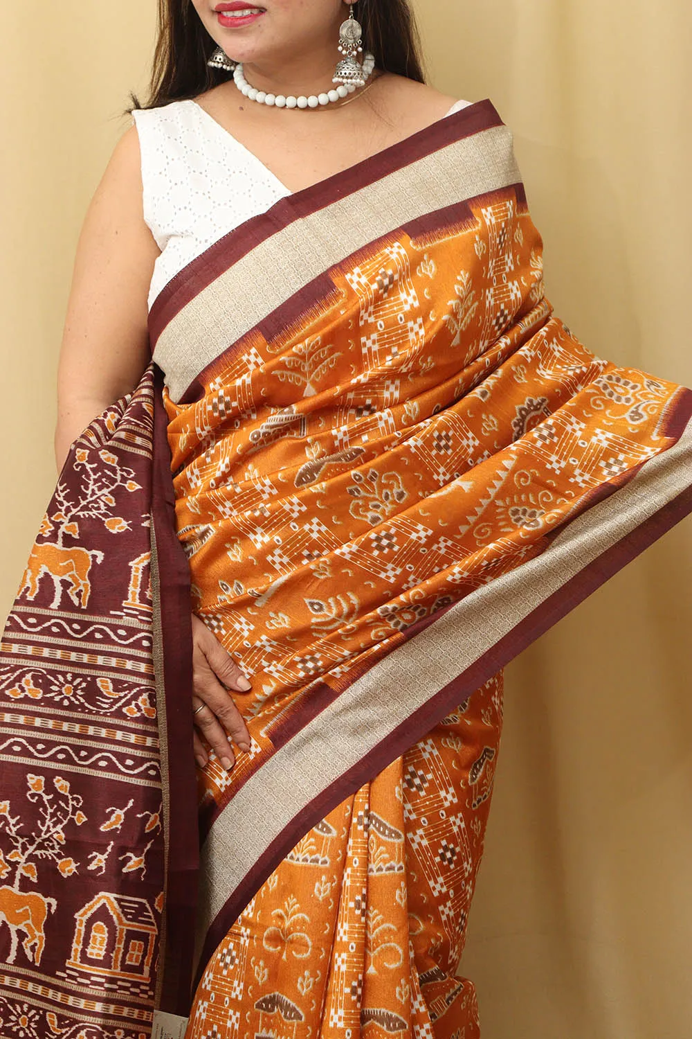 Stunning Yellow Silk Sambalpuri Print Saree: Exquisite Digital Print