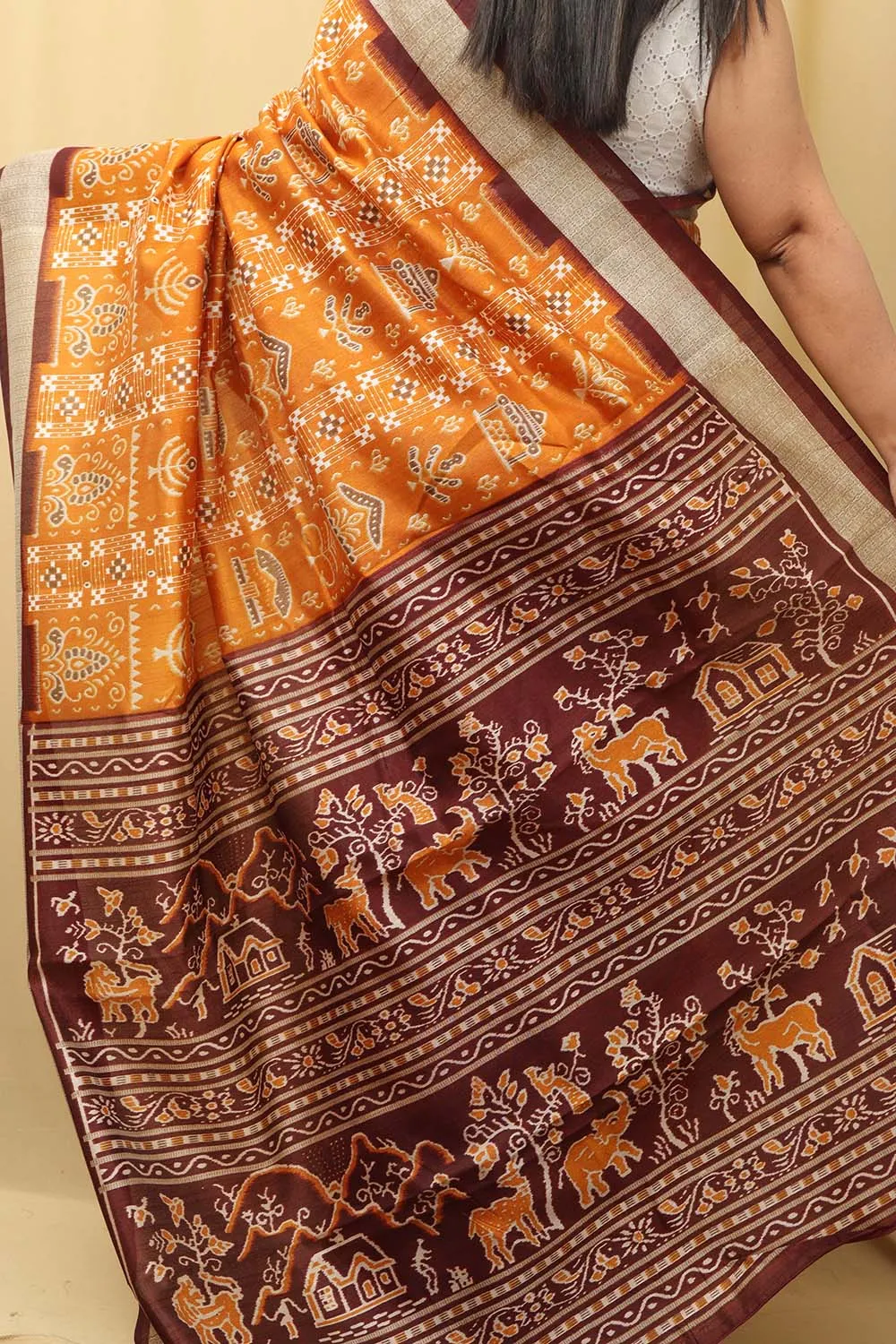 Stunning Yellow Silk Sambalpuri Print Saree: Exquisite Digital Print