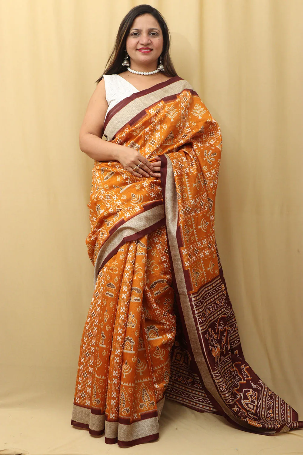 Stunning Yellow Silk Sambalpuri Print Saree: Exquisite Digital Print