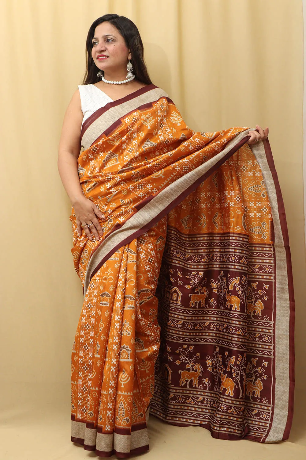 Stunning Yellow Silk Sambalpuri Print Saree: Exquisite Digital Print