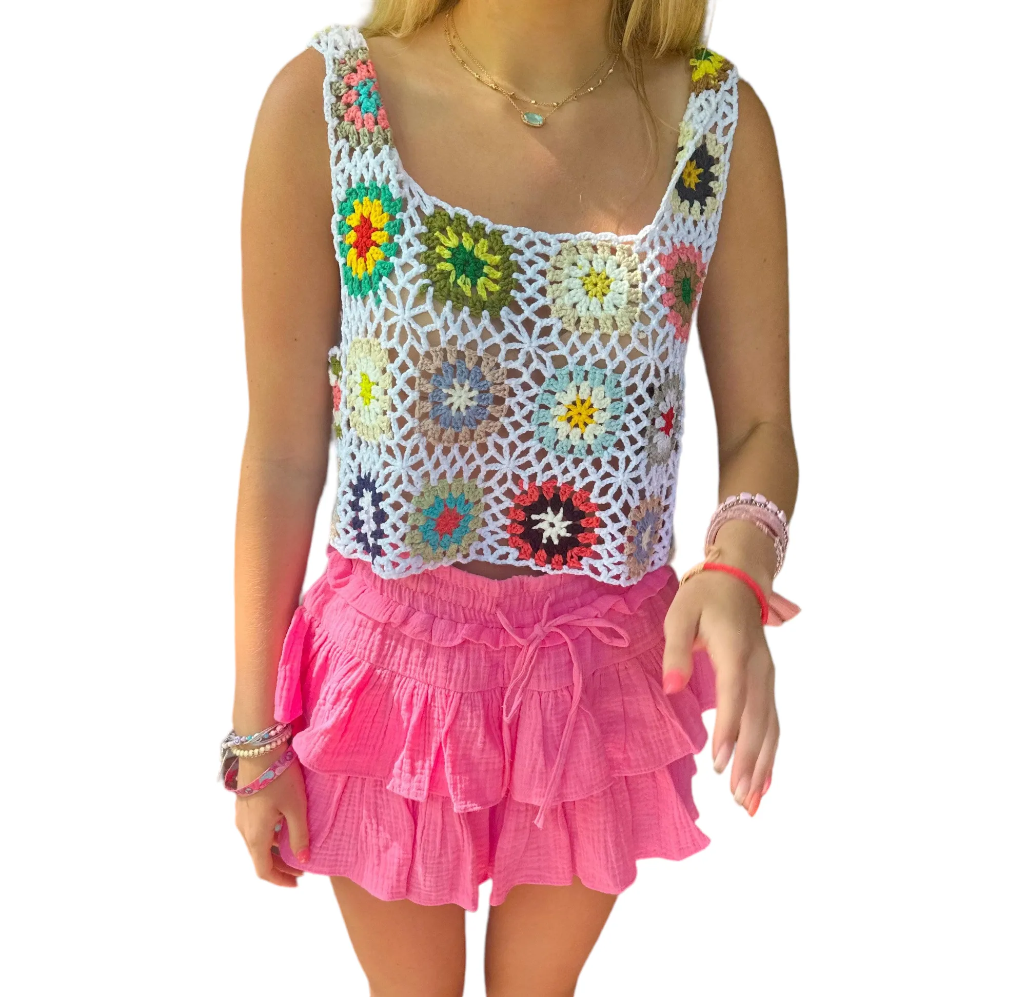 Summer Vibes Crochet Tank - White Multi-Color