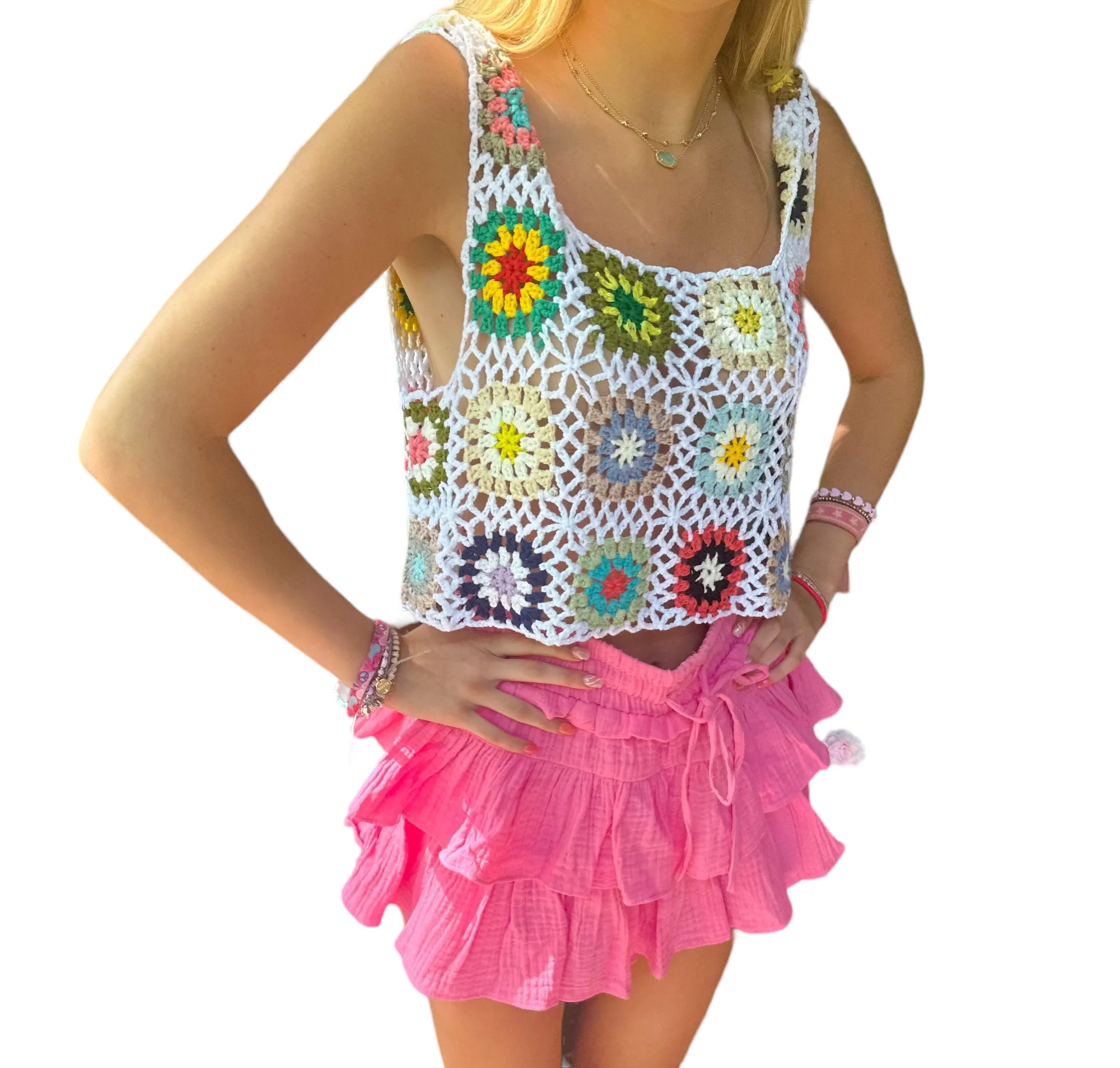 Summer Vibes Crochet Tank - White Multi-Color