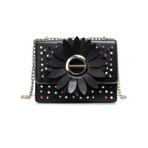 Sun Flower Beaded Embellished Crossbody Bag - Black