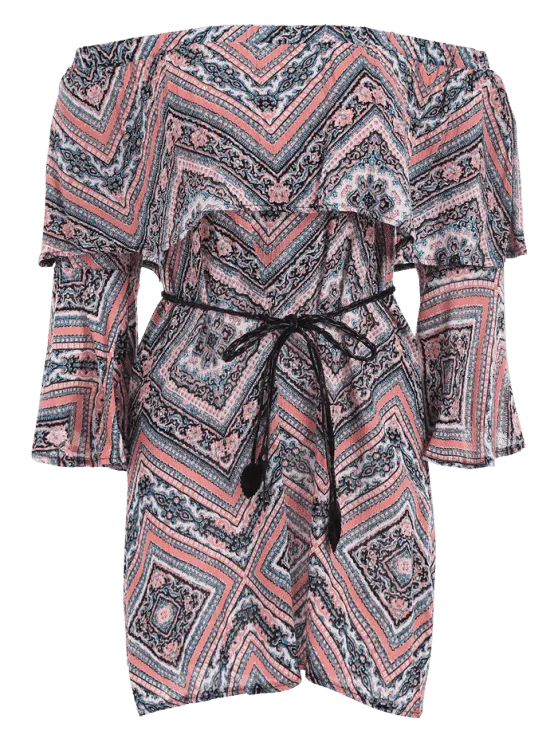 TastyHottie - Stunning Tribal Print Flounce Flare Sleeve Belted Dress