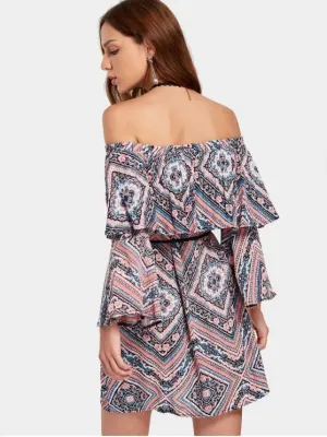 TastyHottie - Stunning Tribal Print Flounce Flare Sleeve Belted Dress