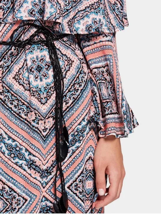 TastyHottie - Stunning Tribal Print Flounce Flare Sleeve Belted Dress