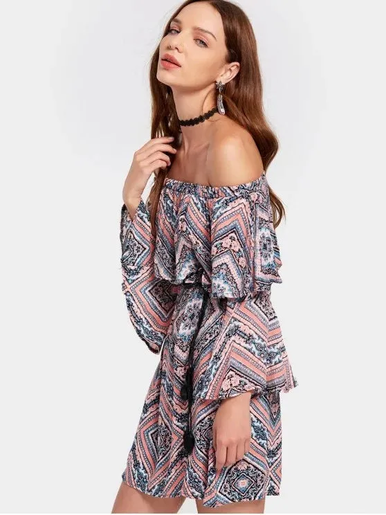 TastyHottie - Stunning Tribal Print Flounce Flare Sleeve Belted Dress