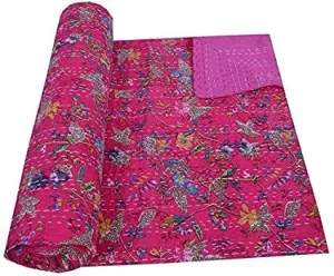 Textile art Kantha Flower Line Designed Dohar Cotton Quilt, Jaipuri Hand Block Print Cotton Kantha Quilt Double Bed (Persian Red) Twin Size Kantha Quilt