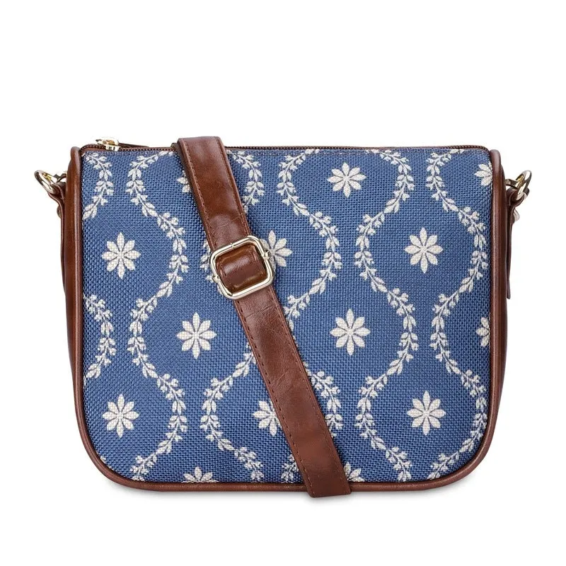 THE CLOWNFISH Garnet Series Printed Handicraft Fabric & Tapestry Crossbody Sling Bag for Women Ladies Single Shoulder Bag Shoulder Belt (Royal Blue)