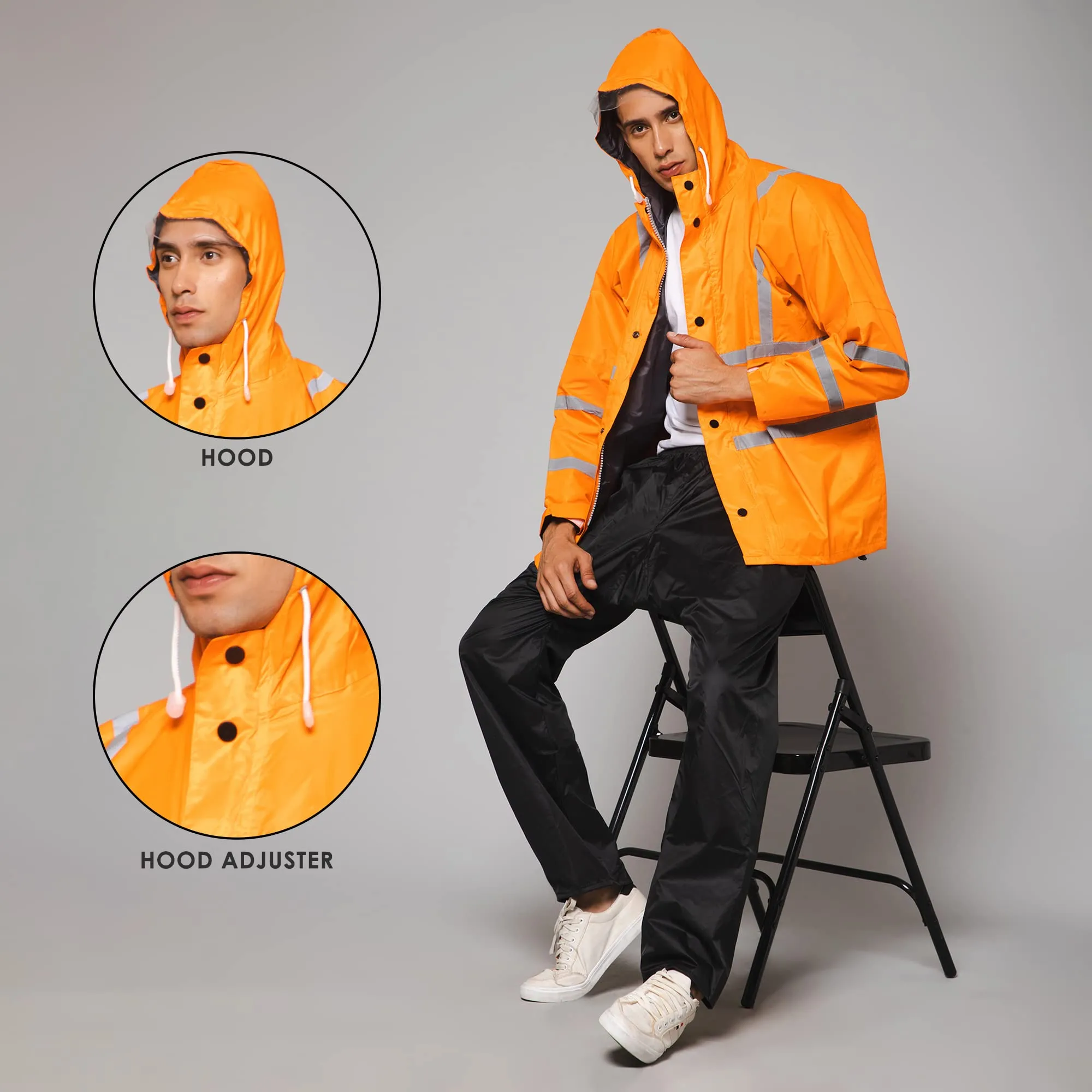 THE CLOWNFISH Leroy Series Rain Coat for Men Waterproof for Bike Raincoat for Men with Hood. Set of Orange Jacket with Black Trouser (XXX-Large)