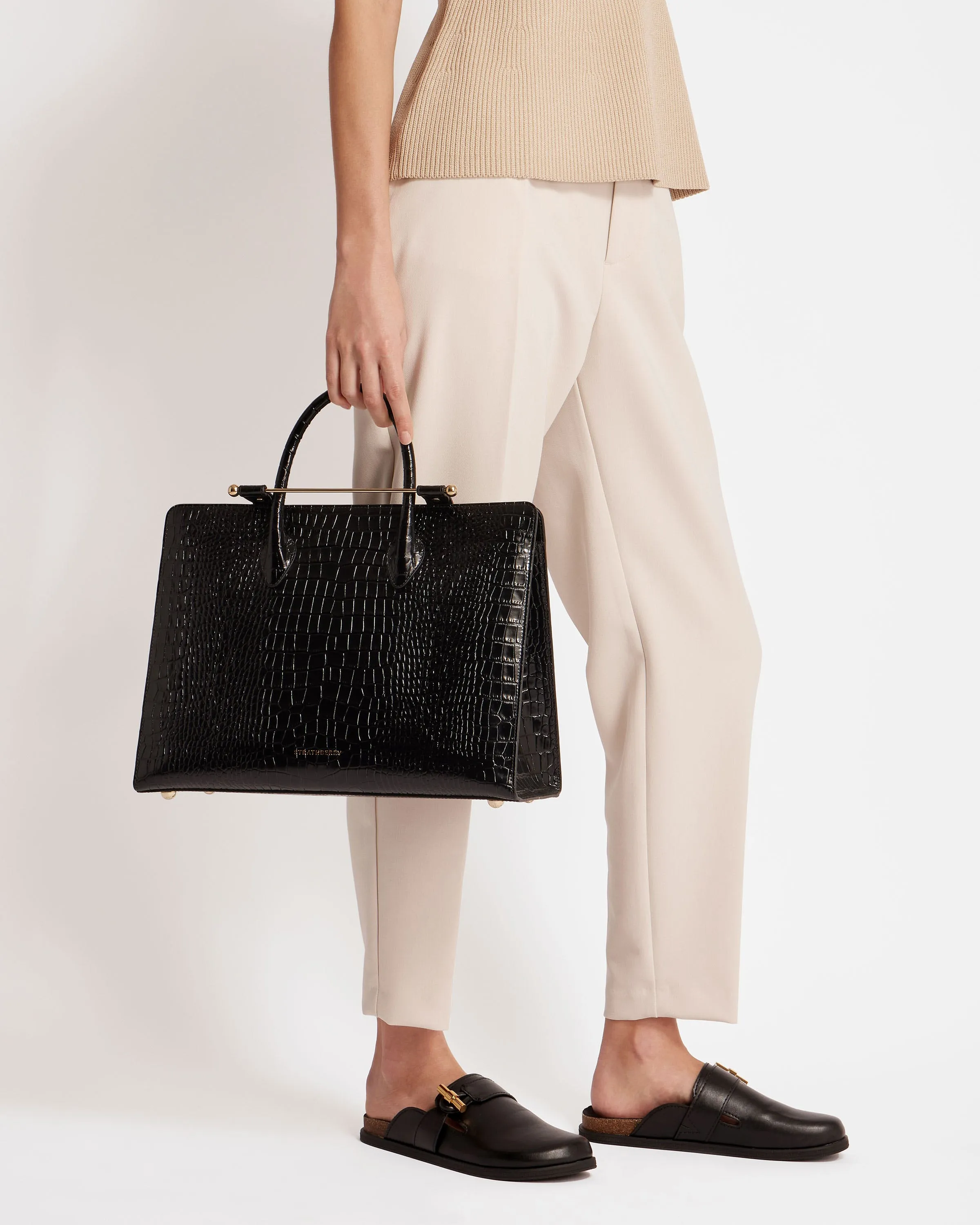 The Strathberry Tote - Croc-Embossed Leather Black