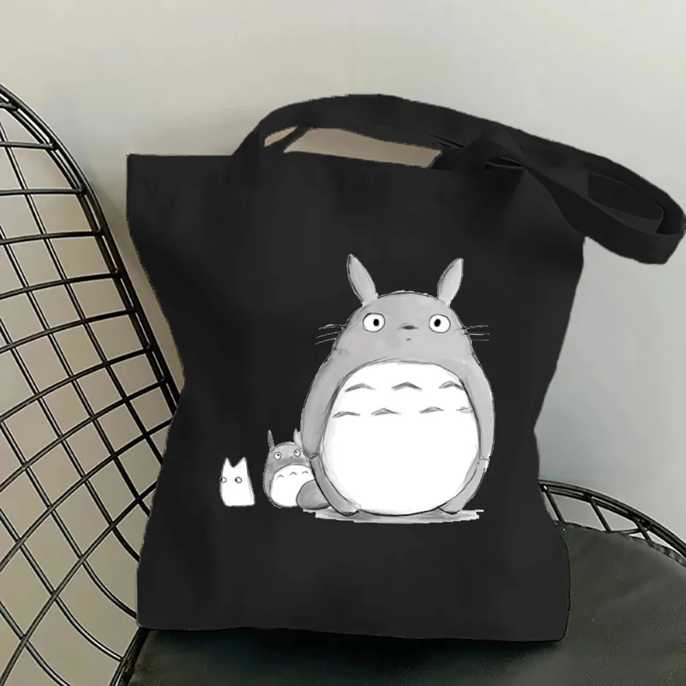 Totoro Canvas Black Tote Bag, Shoulder Tote Bag, Shopping Bag