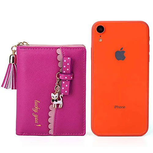 UTO Wallet for Girls PU Leather Card Holder Organizer Women Small Cute Coin Purse Rose Red