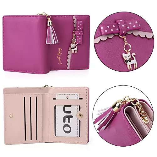 UTO Wallet for Girls PU Leather Card Holder Organizer Women Small Cute Coin Purse Rose Red