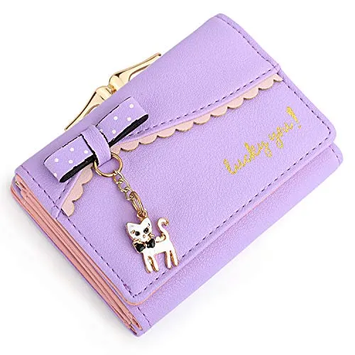 UTO Women's Trifold Wallet Cute Kitty Bowknot Card Holder Small Coin Purse Light Purple