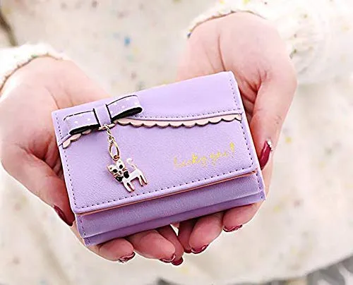 UTO Women's Trifold Wallet Cute Kitty Bowknot Card Holder Small Coin Purse Light Purple