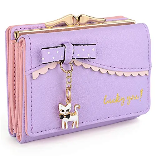 UTO Women's Trifold Wallet Cute Kitty Bowknot Card Holder Small Coin Purse Light Purple