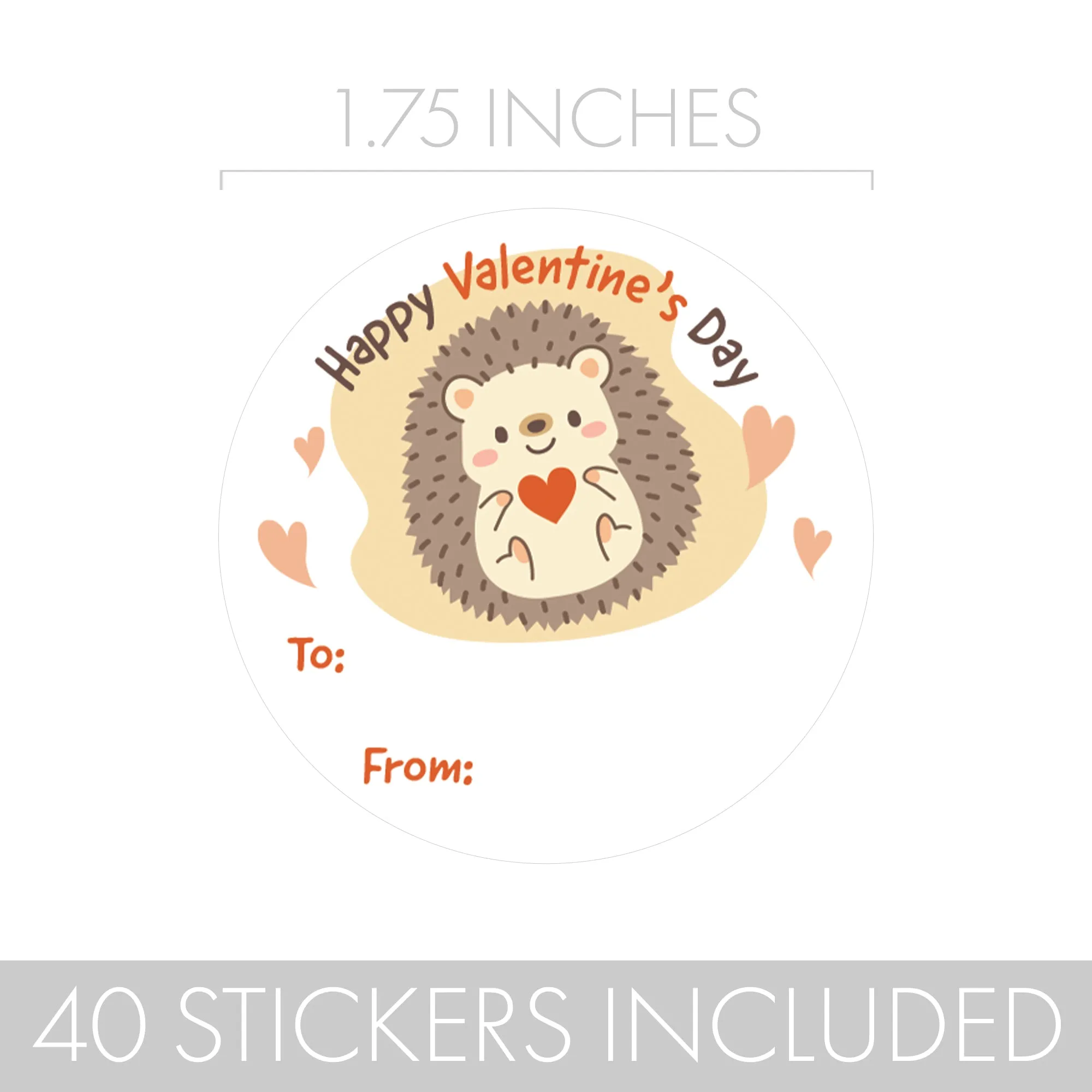 Valentine's Day Treat Stickers: Hedgehog - 40 Circle Stickers