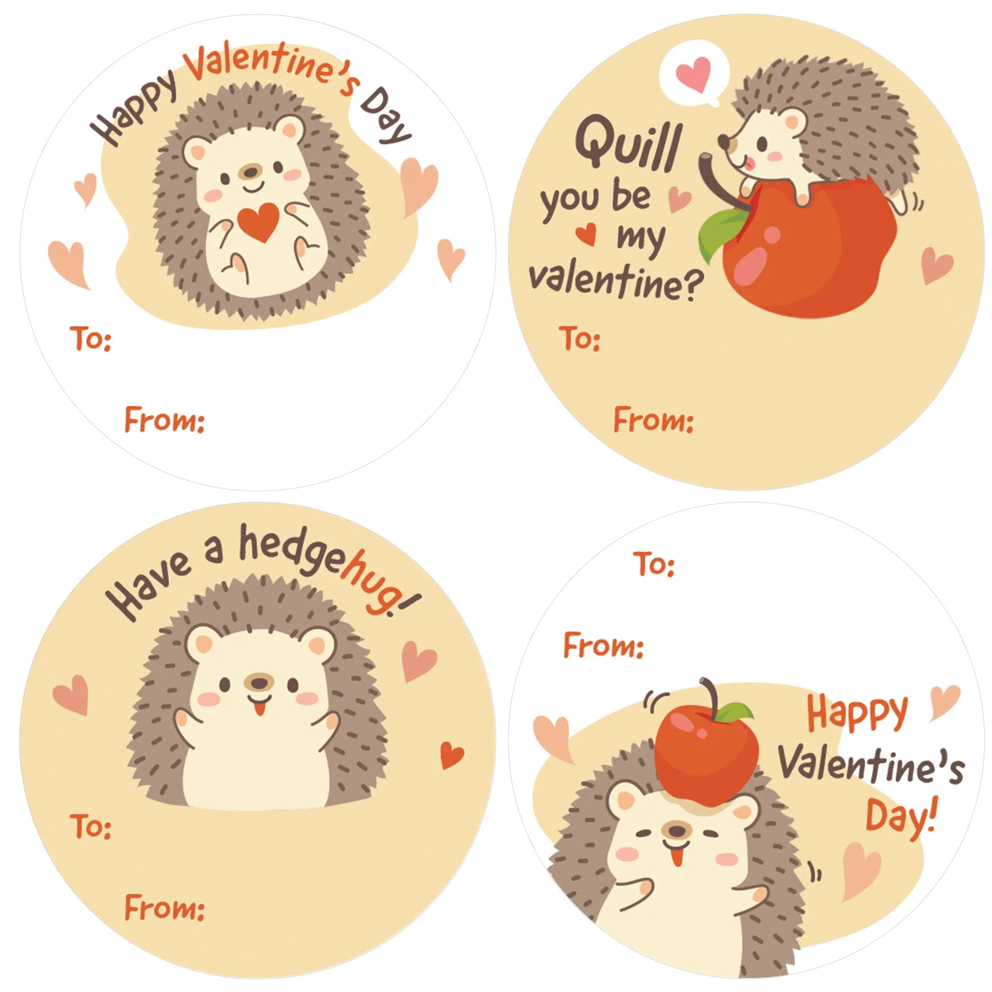 Valentine's Day Treat Stickers: Hedgehog - 40 Circle Stickers