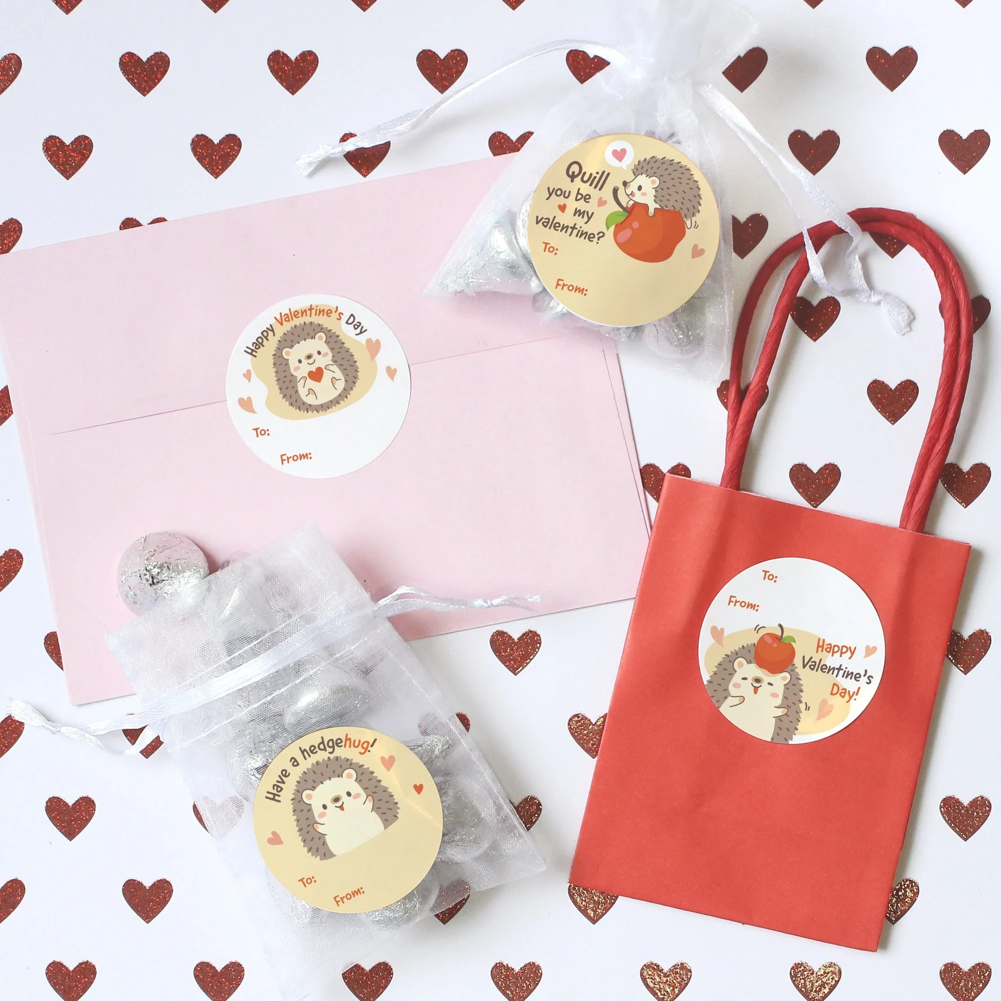 Valentine's Day Treat Stickers: Hedgehog - 40 Circle Stickers