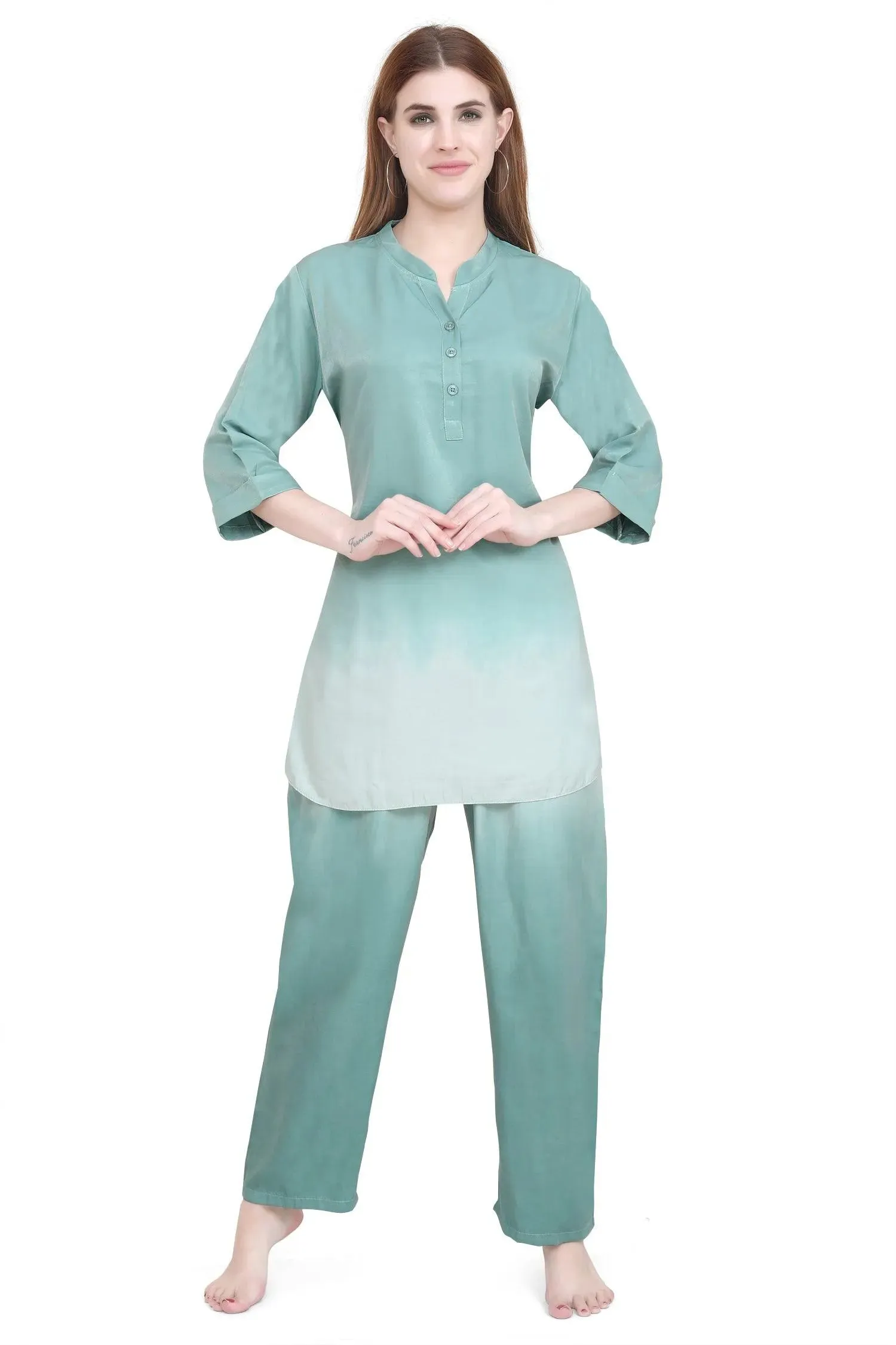 Velure Stunning Green Dual Shade Kurti Style Night Suit