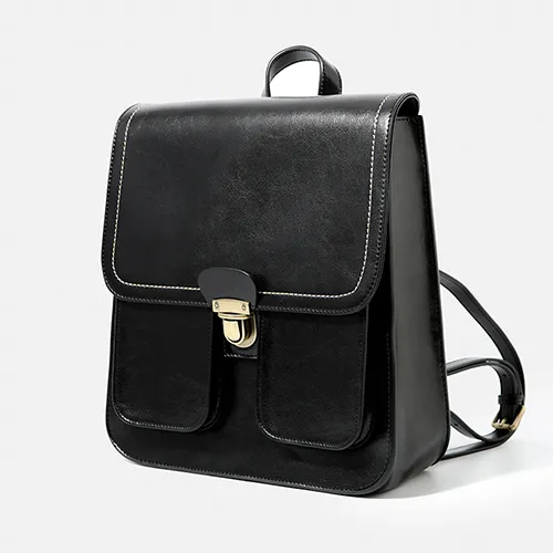 Vintage Black School Leather Backback For Women