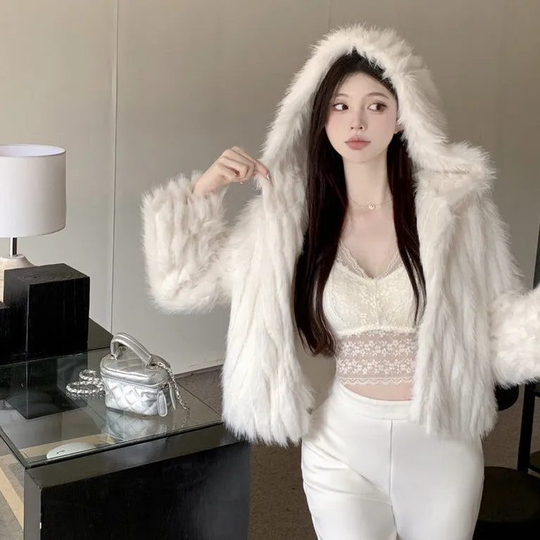 Winter Luxury Chic Faux Fur Hooded White Short Coat