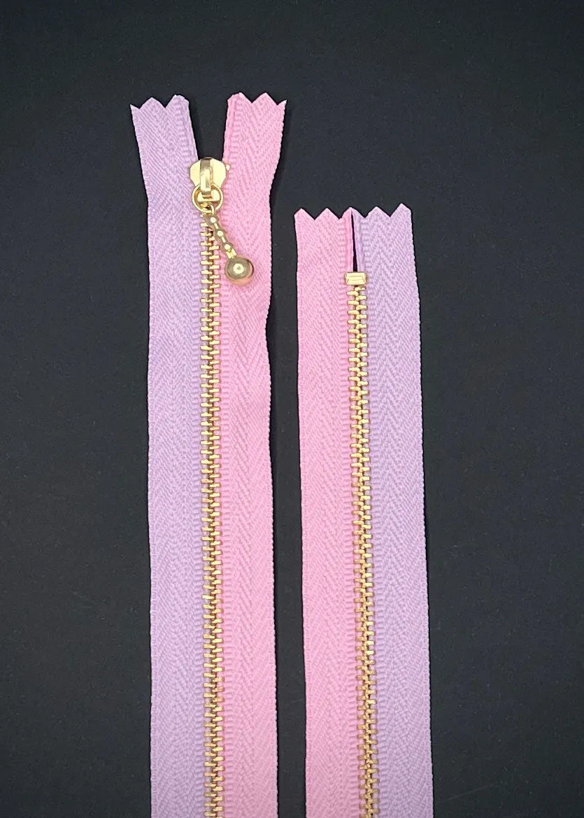 YKK Two Colour Brass Zip with Ball Pull, Lilac   Pink