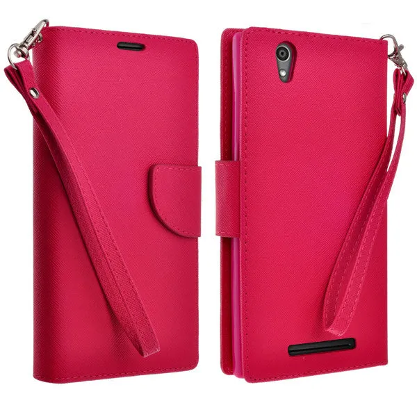 ZTE ZMAX Case, Wrist Strap Magnetic Fold[Kickstand] Pu Leather Wallet Case with ID & Credit Card Slots for ZTE ZMAX - Hot Pink